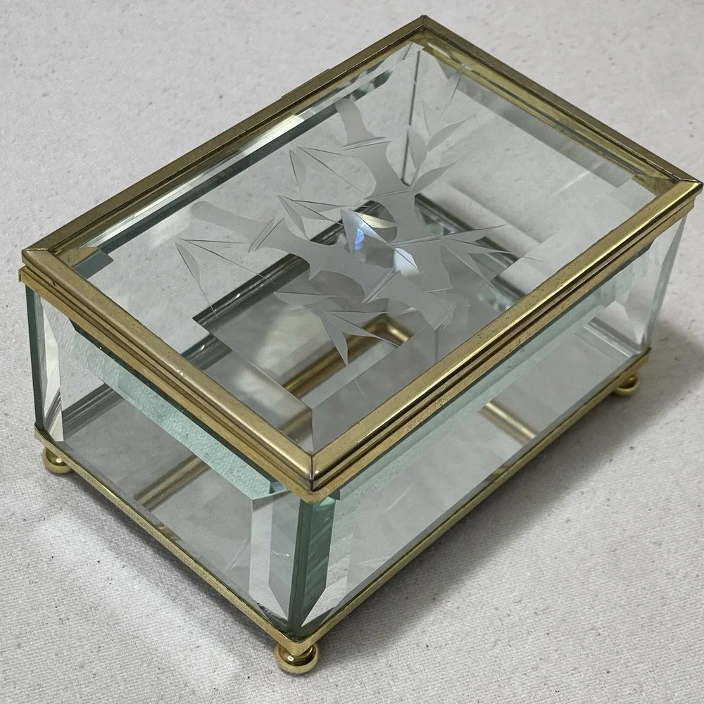 Vintage Glass Brass Mirrored Jewelry Trinket Vanity Display Box Etched‎ Bamboo